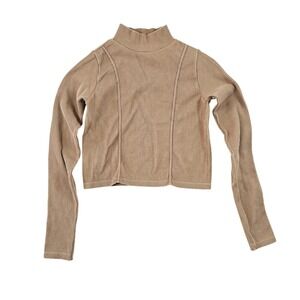Hunter & Brown Tan Ribbed Mock Neck Long Sleeve Cropped Top Medium